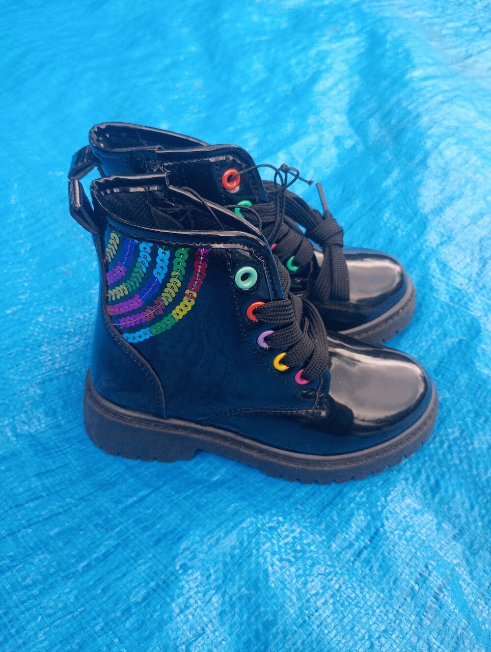 Black Patent Lace-Up Boots with Rainbow Sequin Detail